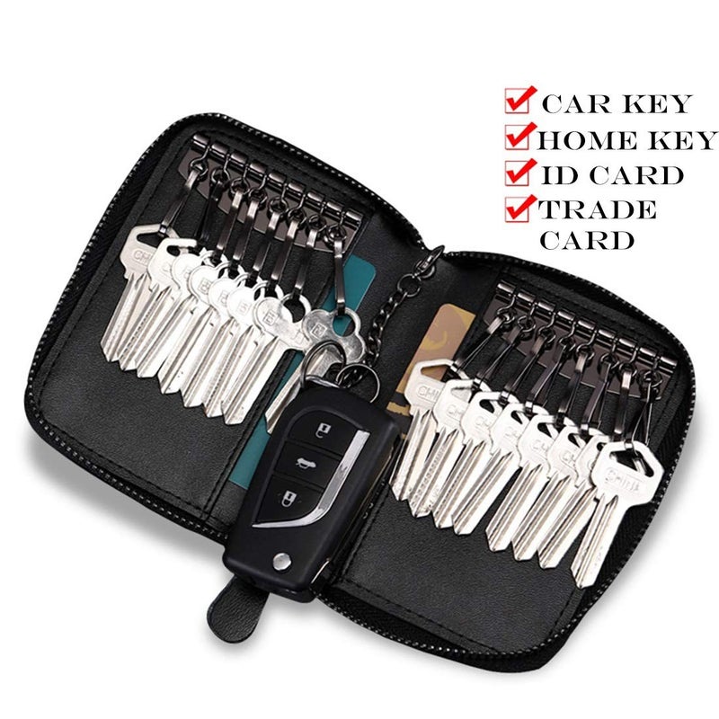 BAKUN Large Zipper Leather Car Key Case, Key Holder Key Organizer Wallet, With 16 Hooks(Black) - Image 4